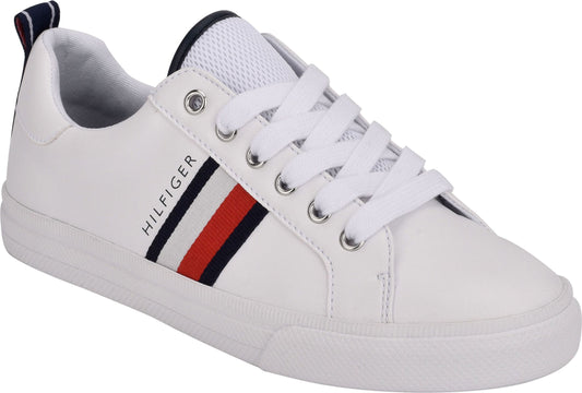 White sneaker with a red and blue stripe and laces.