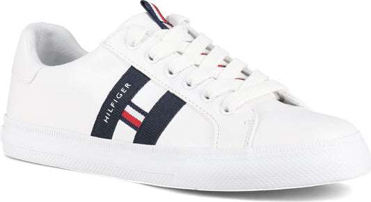 White sneaker with a stripe comprised of navy, red, and white, and the text "HILFIGER".