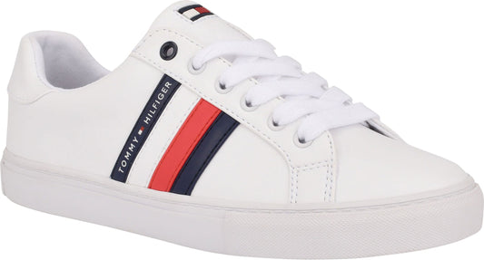 White sneaker with laces and a stripe of blue, red, and blue with 'TOMMY HILFIGER' printed on it.