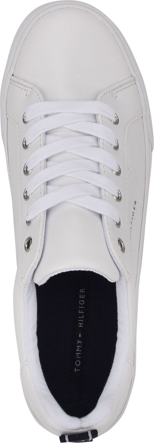 a white sneaker with white laces and silver eyelets