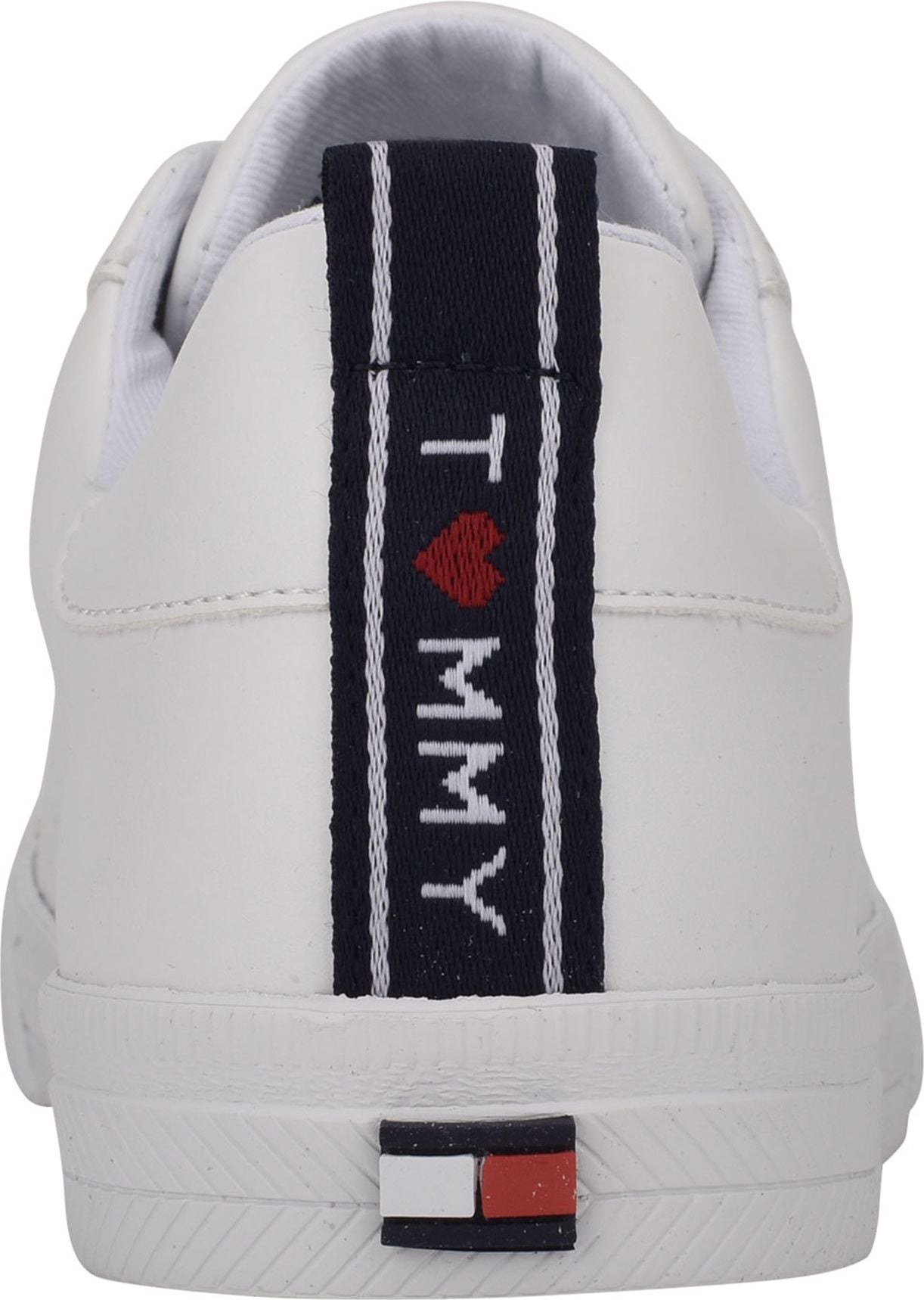 White sneaker with a navy blue stripe down the back that reads "I (heart) MMY" and a small flag logo at the bottom.