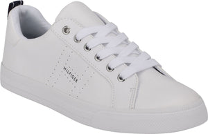 White sneaker with white laces and 'HILFIGER' logo.