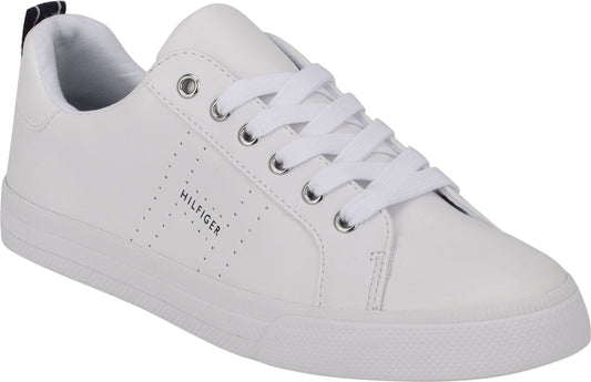 White sneaker with white laces and 'HILFIGER' logo.