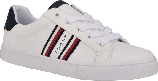 White sneaker with white laces, featuring stripes and the text TOMMY along the side and a blue heel accent.