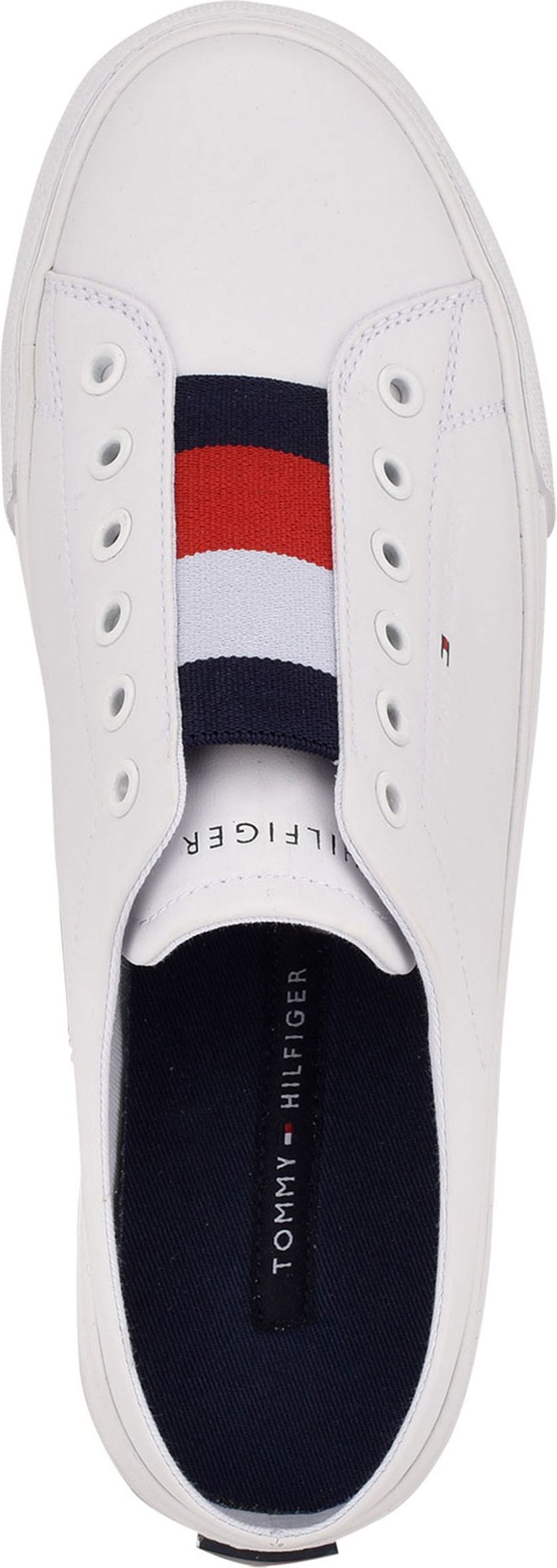 White sneaker with red, white, and blue striped accent and TOMMY-HILFIGER logo on the insole.