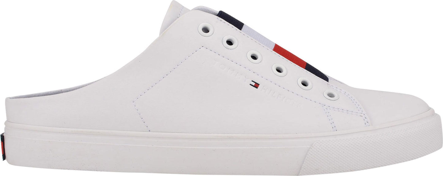 White slip-on sneaker with red and blue accents.