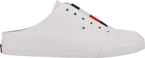 White slip-on sneaker with red and blue accents.