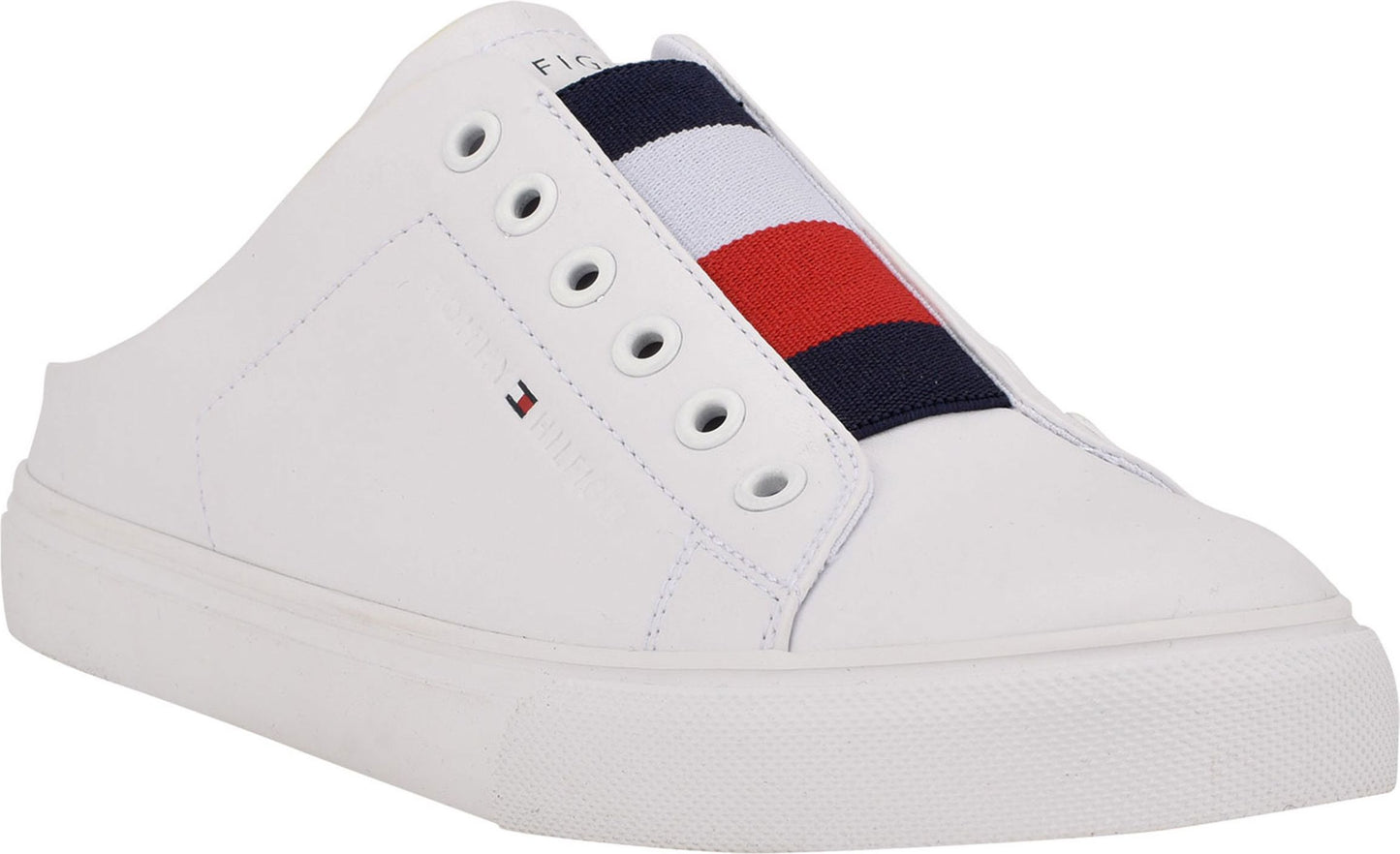 White slip-on sneaker with flag stripe.