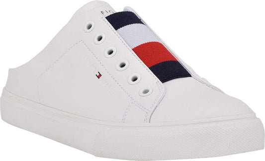 White slip-on sneaker with flag stripe.
