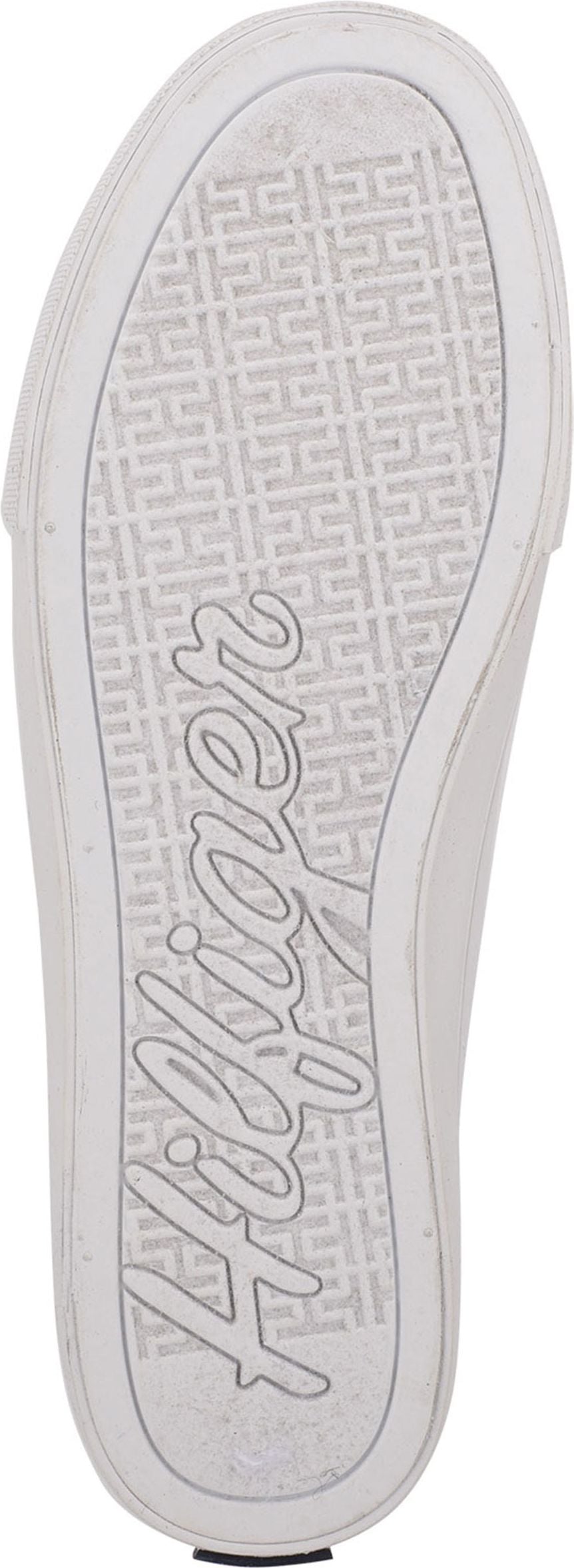 The underside of a shoe with "Hilfiger" written across it.