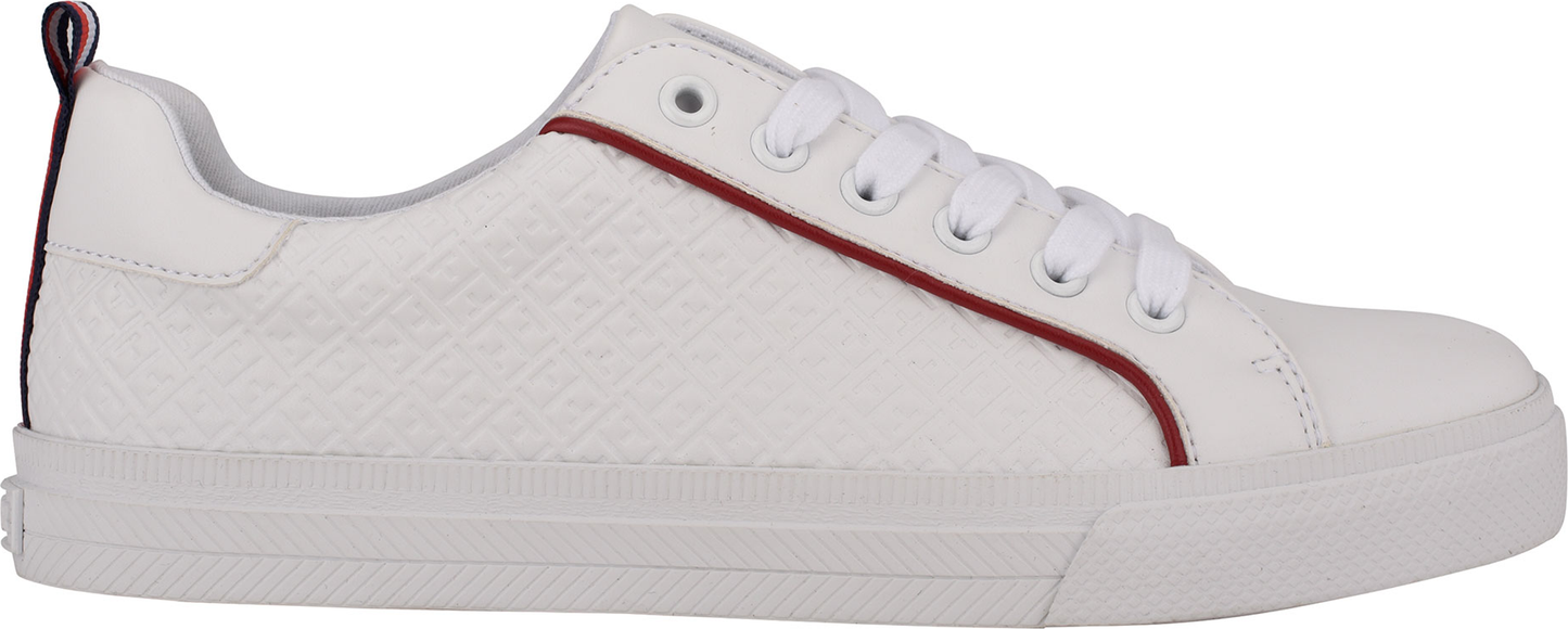 A white sneaker with white laces and a red trim.