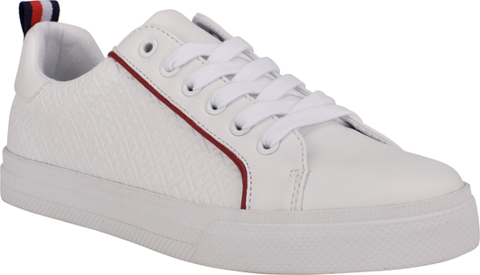 White sneaker with white laces, a red stripe along the side, and a red and blue stripe on the heel.