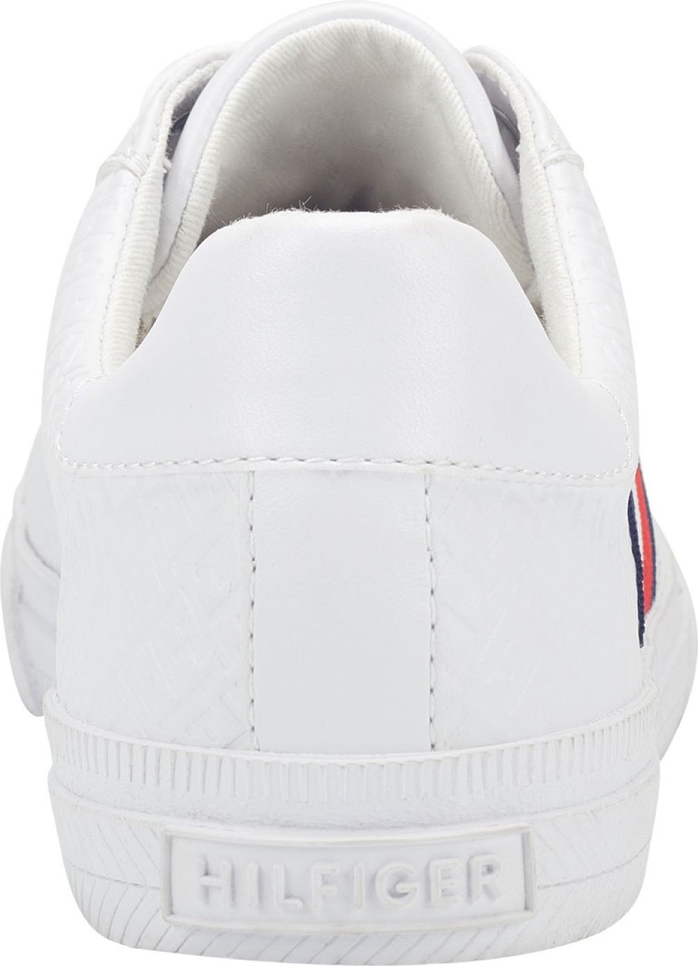 Back view of a white sneaker with 'HILFIGER' inscribed on the sole.