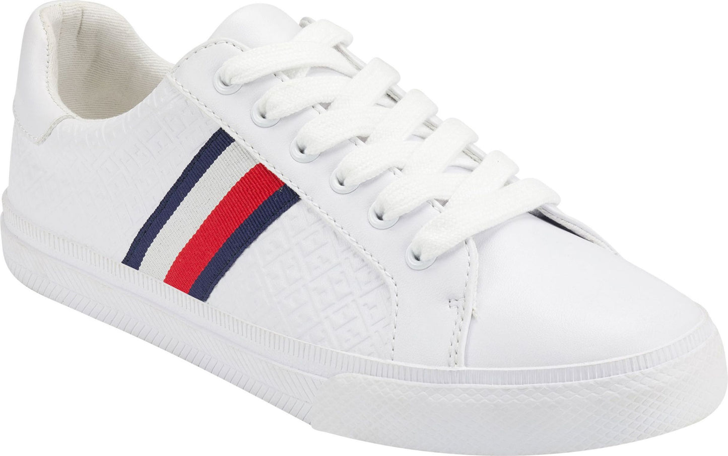 White sneaker with laces and blue, white, and red stripe detail.