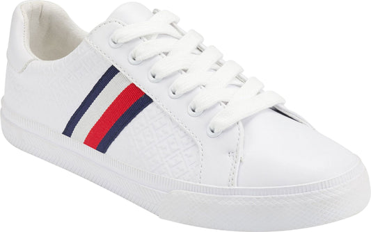 White sneaker with laces and blue, white, and red stripe detail.