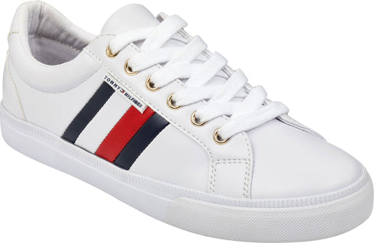 White low-top sneaker with white laces and navy, red, and white stripe.