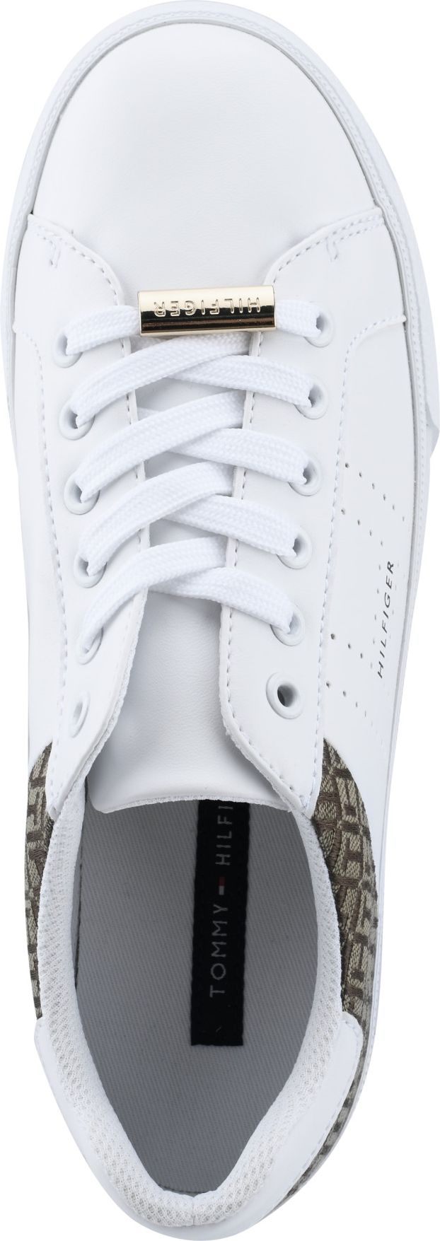 A white sneaker with white laces and a gold accent.
