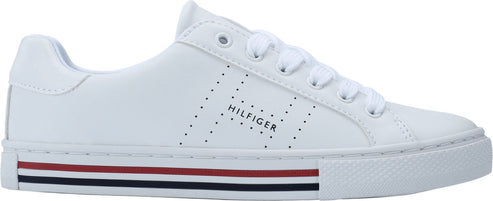 White sneaker with laces and 'HILFIGER' in small font, and striped sole.