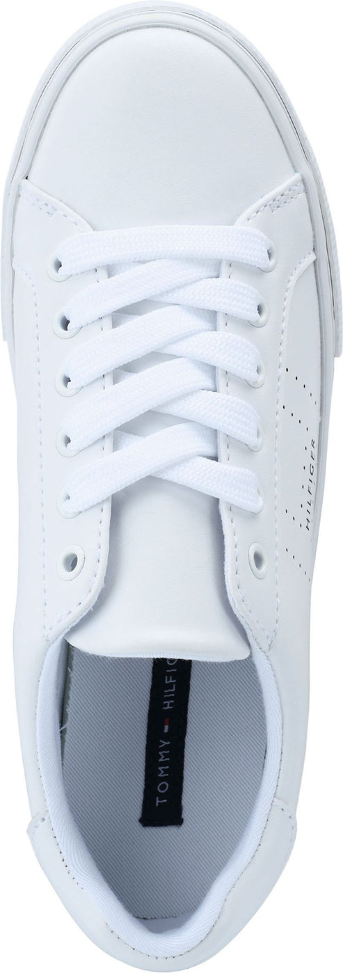 A white sneaker with white laces.