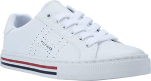 White sneaker with laces, perforated H design, and stripe detail.