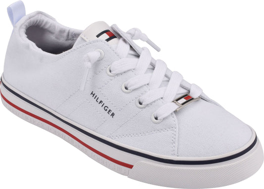 White low-top sneaker with white laces, a pull tab, and a red and blue stripe around the sole. "HILFIGER" printed on the side.
