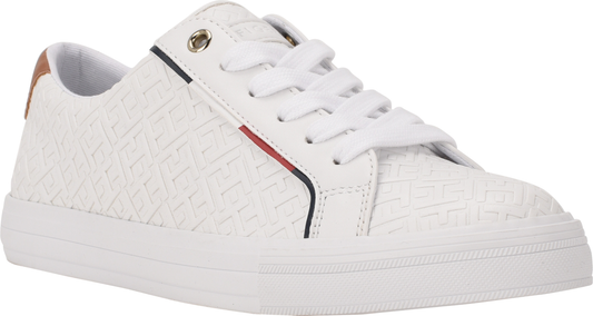 White low-top sneaker with white laces and red, white and blue striped accent.