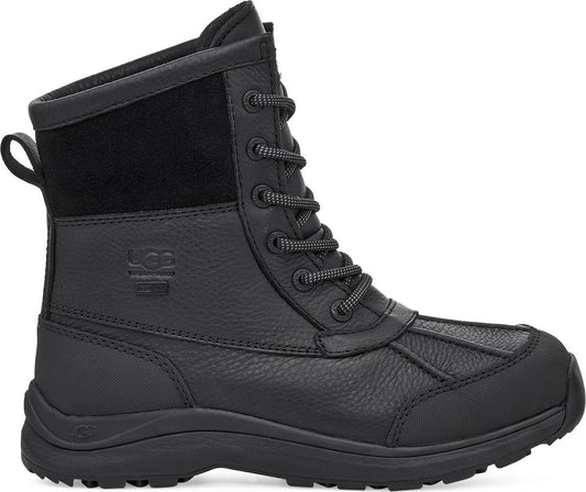 Black, leather, lace-up work boot with a rounded toe and fabric accents.
