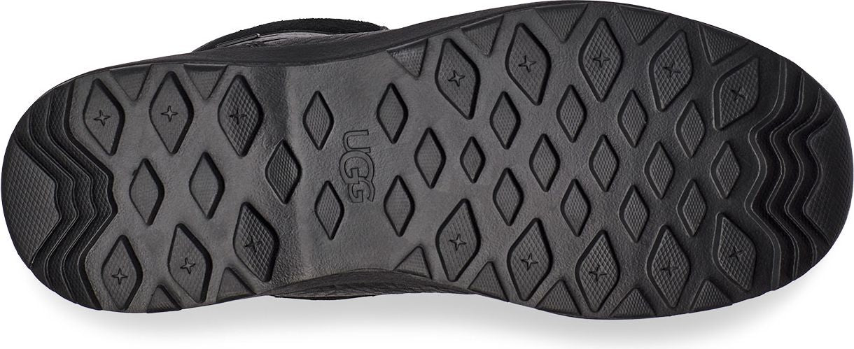 Sole of a black boot with diamond and star shaped tread patterns.