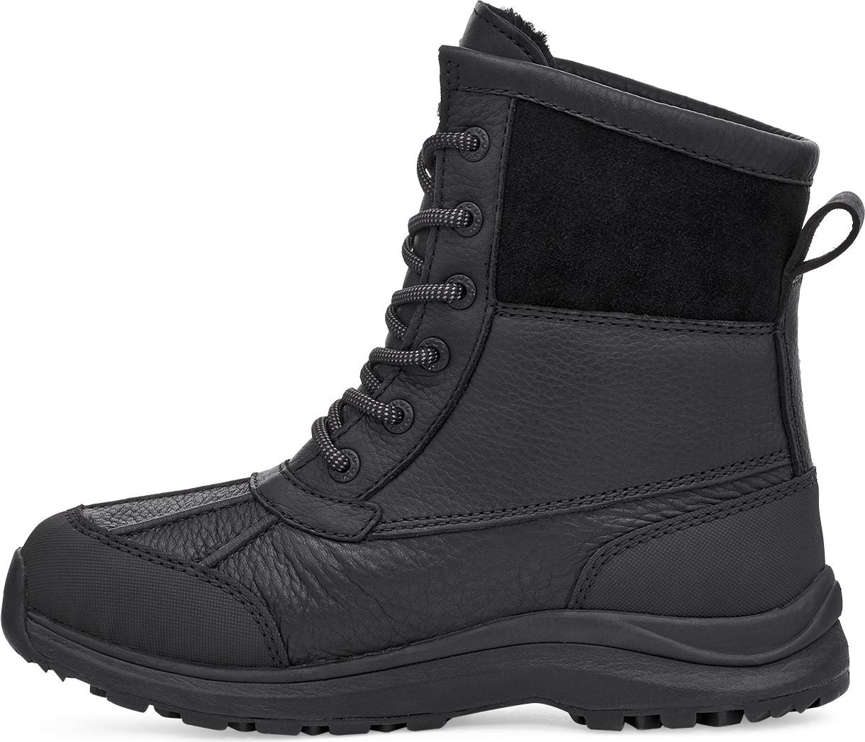 A black, leather lace-up boot with a suede accent on the upper.