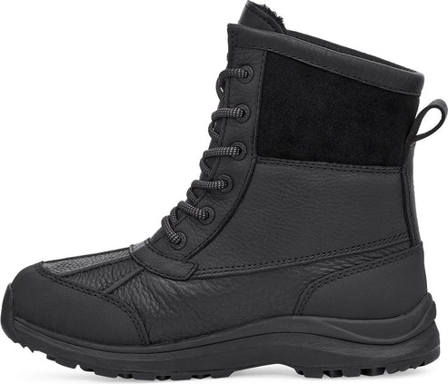 A black, leather lace-up boot with a suede accent on the upper.