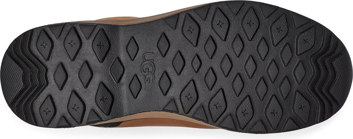 Sole of a shoe with the UGG logo and a diamond and star tread pattern.