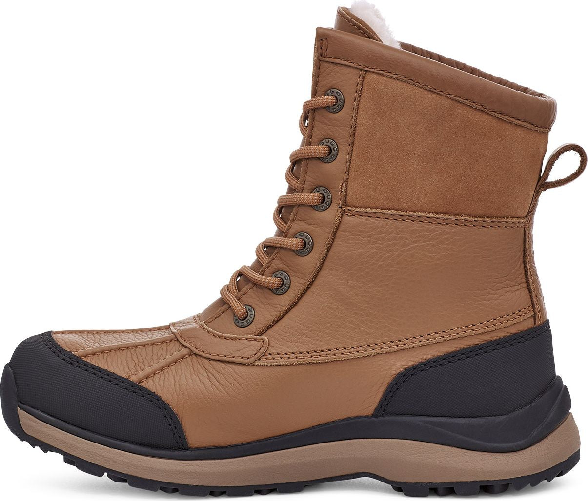 Brown leather boot with laces and a black toe cap.