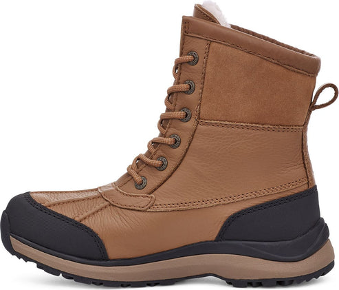 Brown leather boot with laces and a black toe cap.