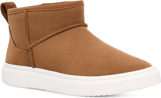 Tan ankle-high slipper-shoe hybrid with white sole, rounded toe, and pull tab.