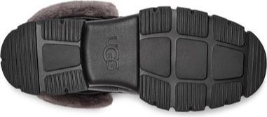 The sole of a dark colored shoe with a UGG logo.
