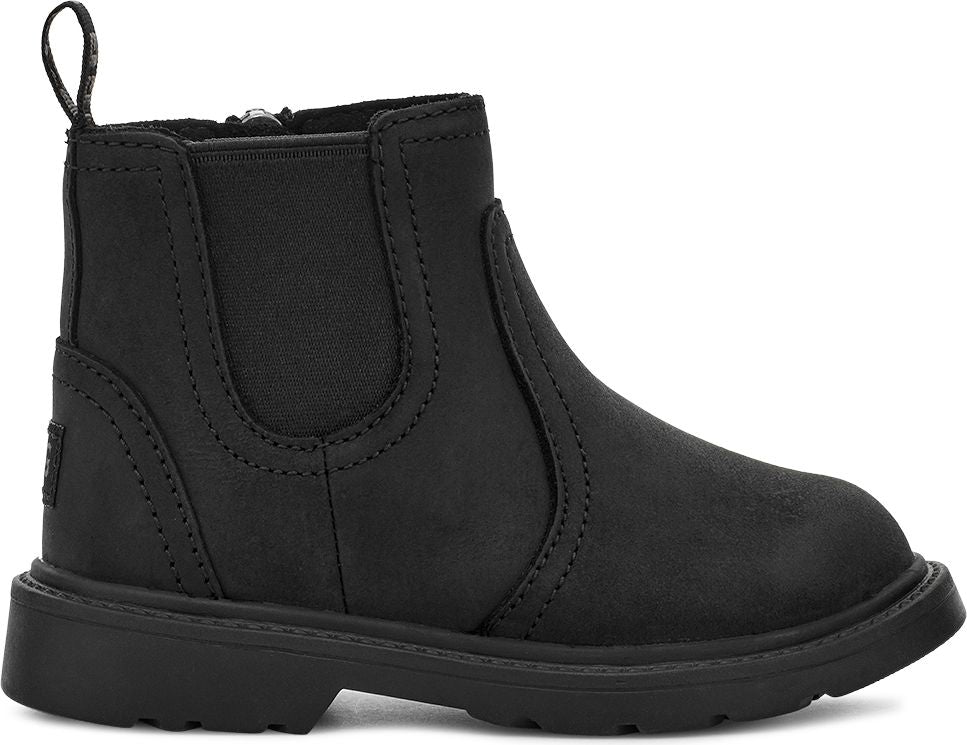 Black ankle boot with rounded toe and elastic side panels.