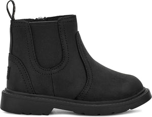 Black ankle boot with rounded toe and elastic side panels.
