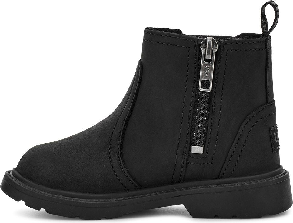 Black ankle boot with a side zipper.