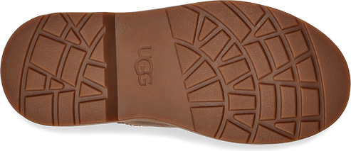 A brown shoe sole with UGG inscribed on it, showing the distinct grid-like tread pattern.