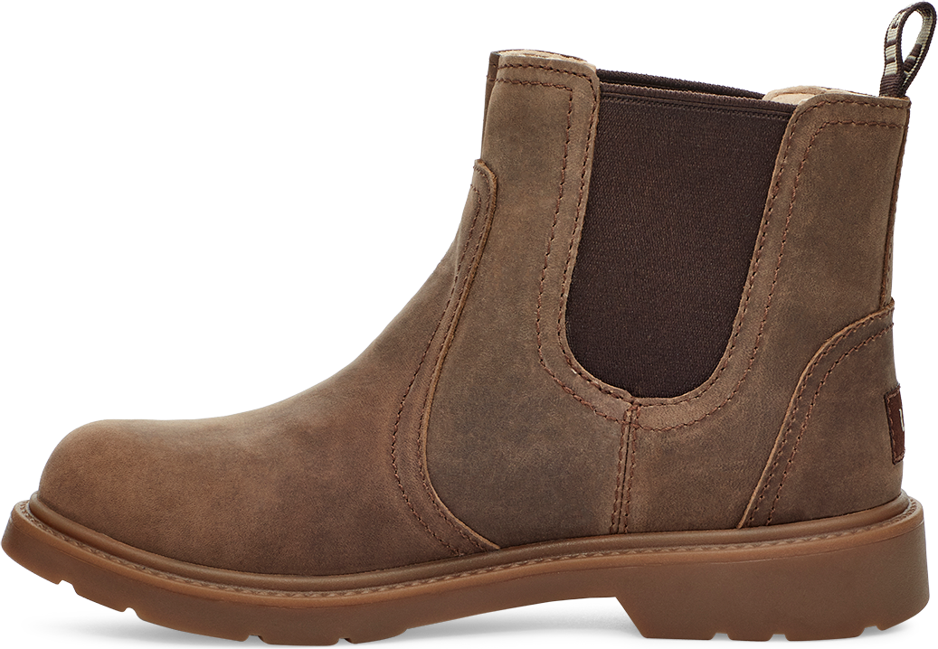 Brown Chelsea-style boot with a lug sole and elastic side panels.