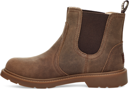 Brown Chelsea-style boot with a lug sole and elastic side panels.