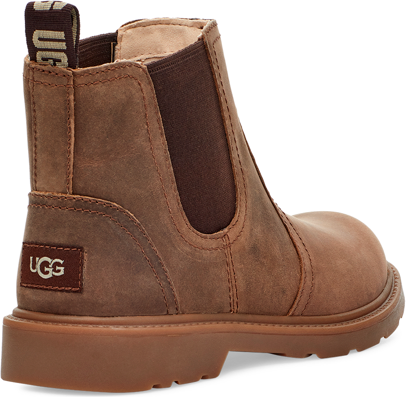 Brown ankle boot with elastic side panels and the letters 'UGG' on the heel.