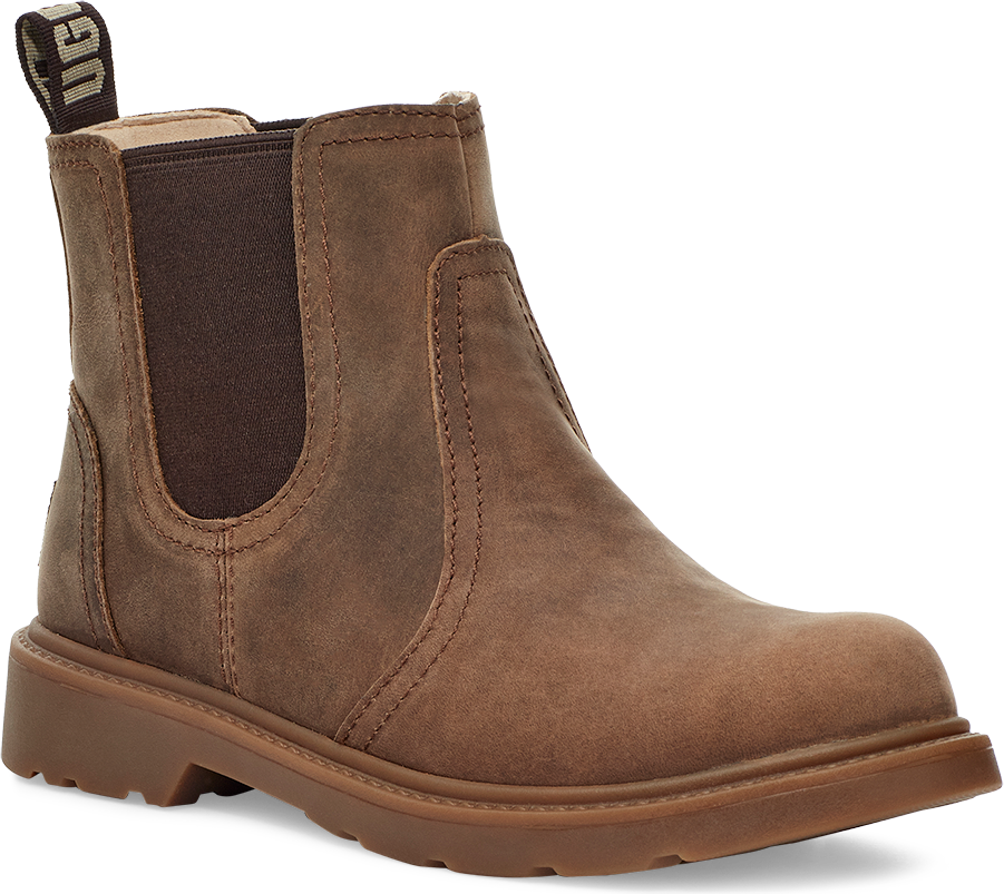 Chelsea-style ankle boot in light brown leather with dark brown elastic side panels and thick rubber sole.
