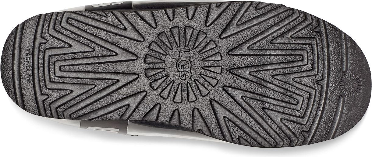 A close-up of a shoe sole with a circular pattern around a 'UGG' logo in the middle, and a geometric pattern around the edges.