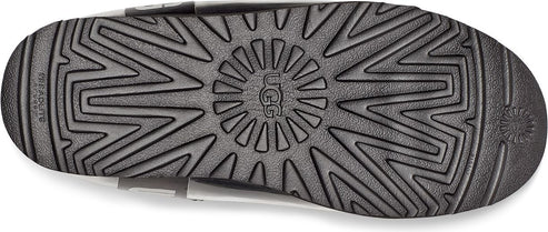 A close-up of a shoe sole with a circular pattern around a 'UGG' logo in the middle, and a geometric pattern around the edges.