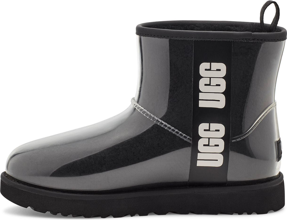 Clear rain boot with UGG printed vertically.