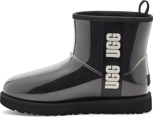 Clear rain boot with UGG printed vertically.