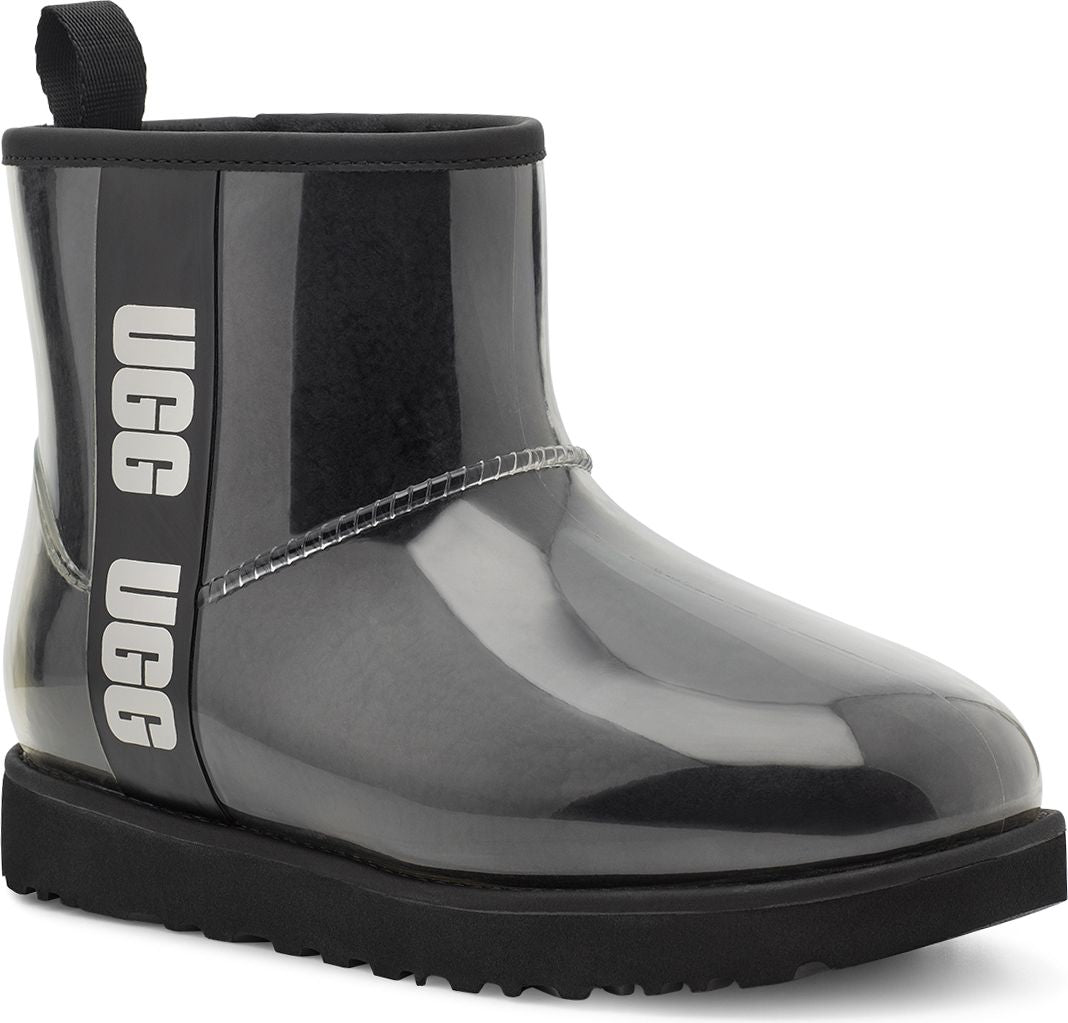 Black, semi-transparent ankle rain boot with a fabric pull tab and brand text.