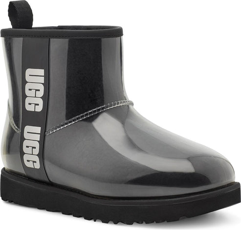 Black, semi-transparent ankle rain boot with a fabric pull tab and brand text.