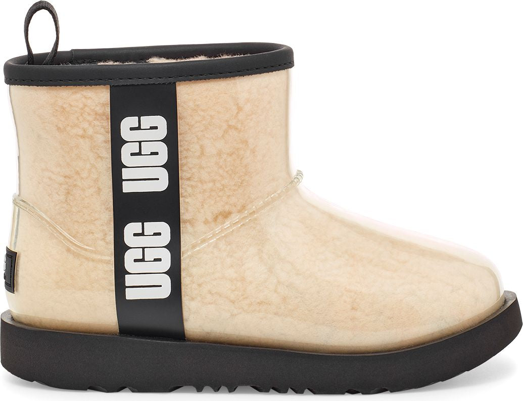 Clear rubber boot with black sole and UGG logo on a black band.